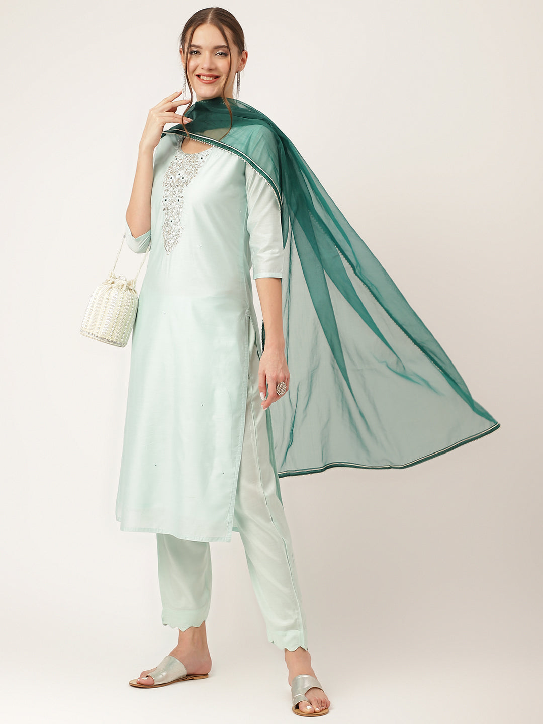 Women's Sea Green Embroidered Chanderi Kurta, Trouser With Dupatta - Taantav