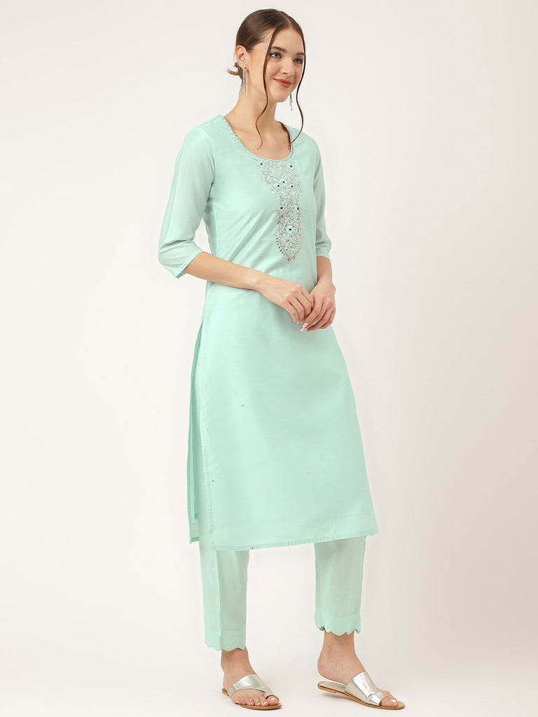 Women's Sea Green Embroidered Chanderi Kurta, Trouser With Dupatta