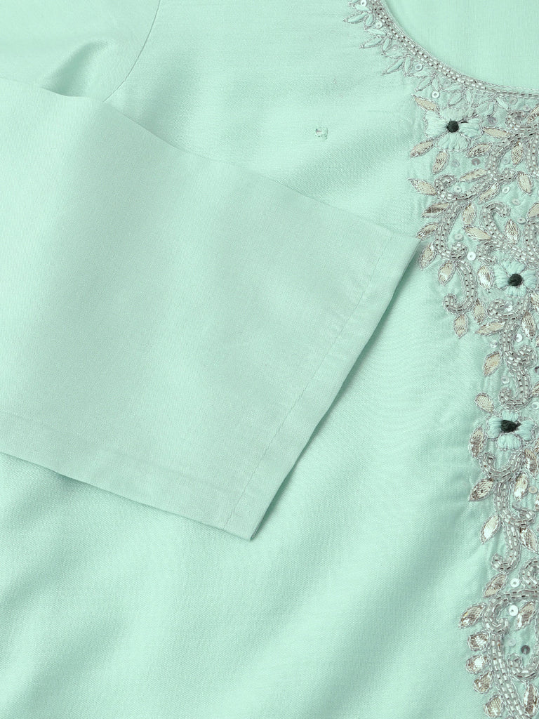 Women's Sea Green Embroidered Chanderi Kurta, Trouser With Dupatta