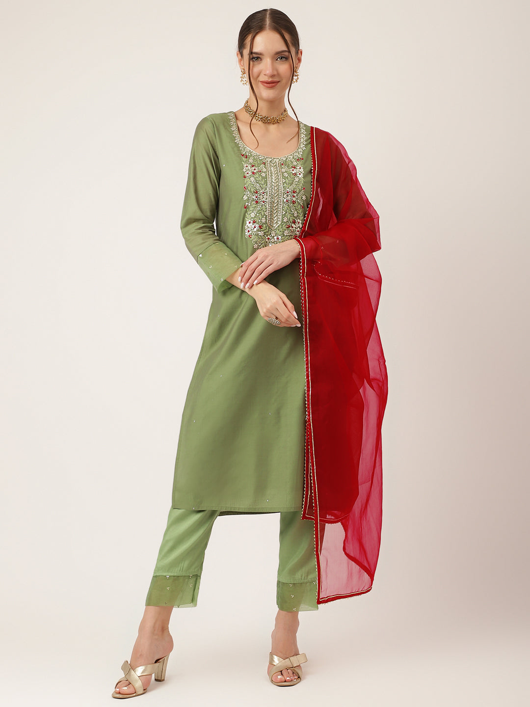 Women's Green Embroidered Chanderi Kurta, Trouser With Dupatta - Taantav