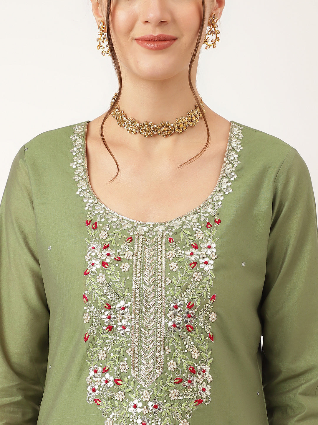 Women's Green Embroidered Chanderi Kurta, Trouser With Dupatta - Taantav