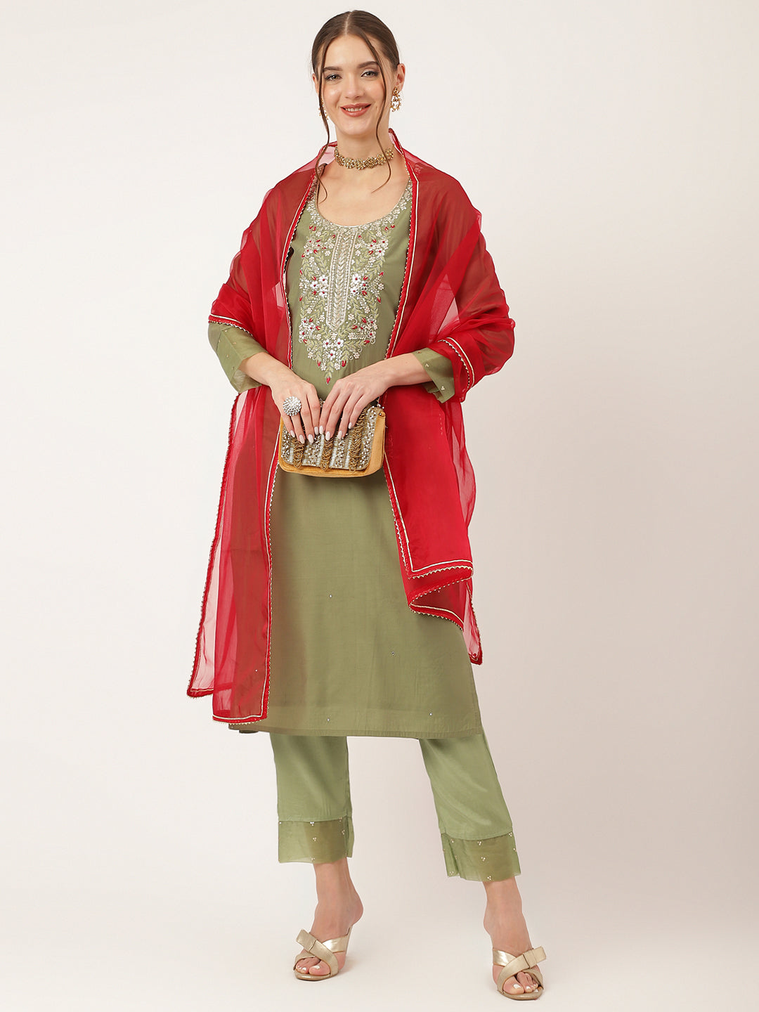 Women's Green Embroidered Chanderi Kurta, Trouser With Dupatta - Taantav