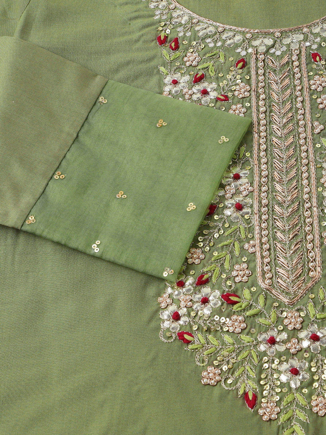 Women's Green Embroidered Chanderi Kurta, Trouser With Dupatta - Taantav