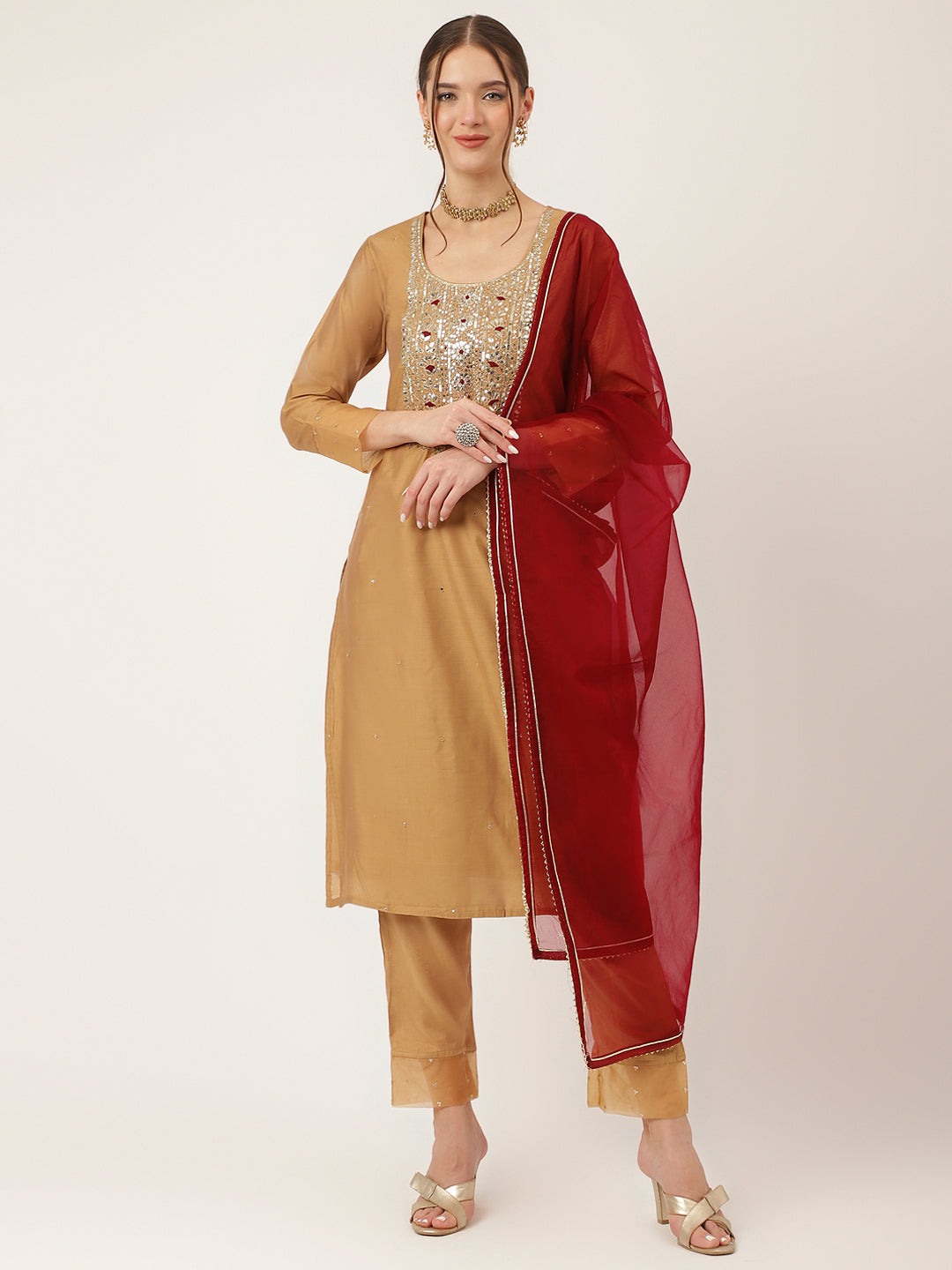 Women's Brown Embroidered Chanderi Kurta, Trouser With Dupatta - Taantav