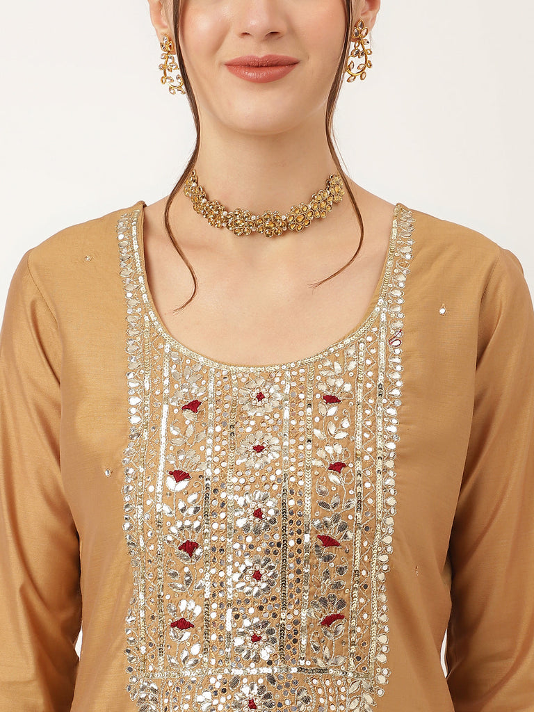 Women's Brown Embroidered Chanderi Kurta, Trouser With Dupatta
