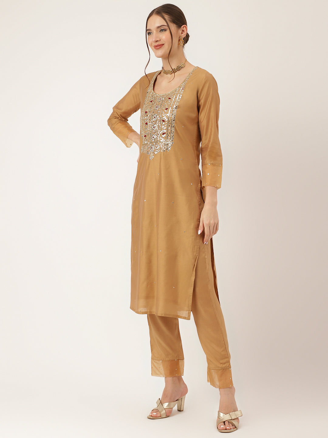 Women's Brown Embroidered Chanderi Kurta, Trouser With Dupatta - Taantav