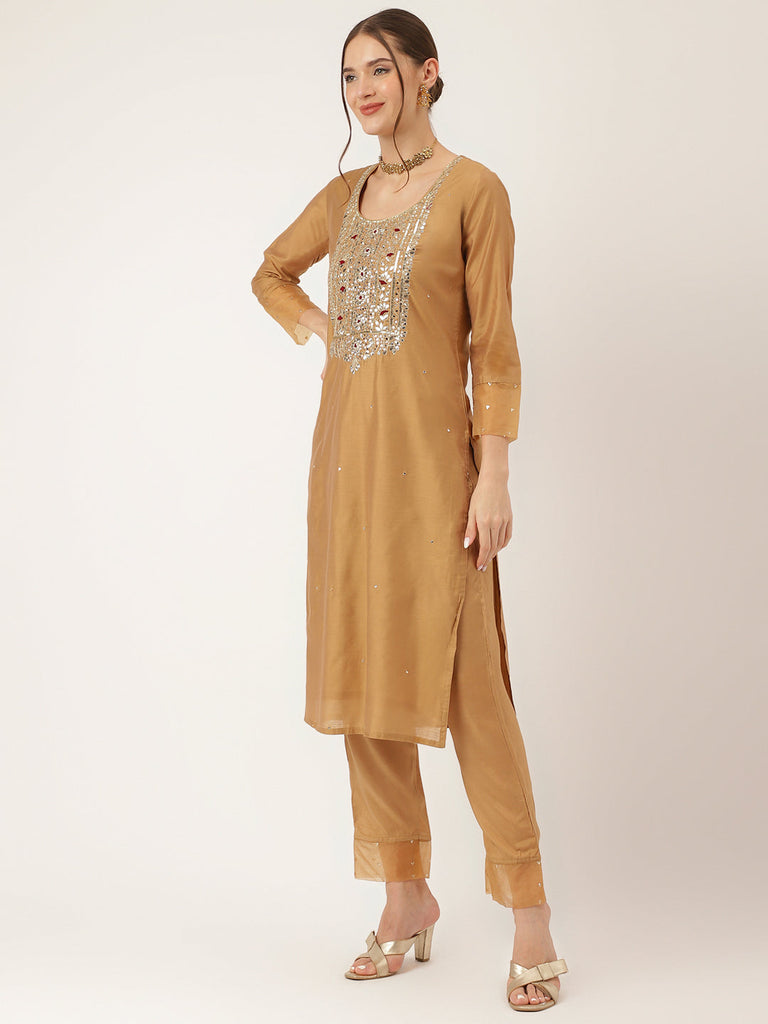 Women's Brown Embroidered Chanderi Kurta, Trouser With Dupatta