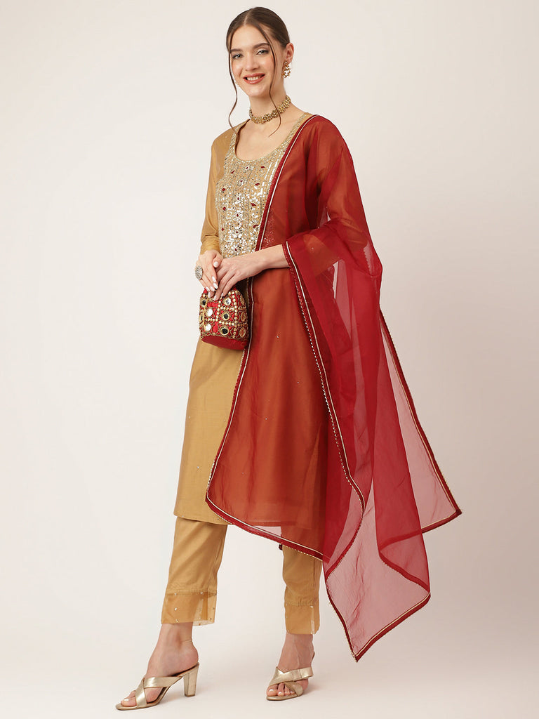 Women's Brown Embroidered Chanderi Kurta, Trouser With Dupatta