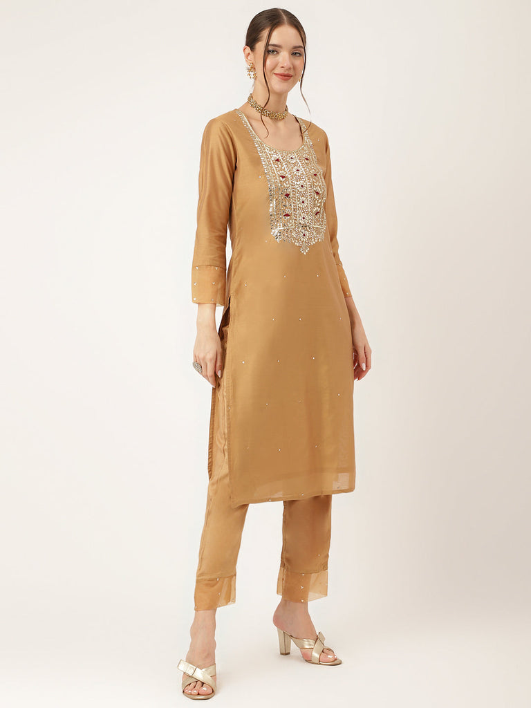 Women's Brown Embroidered Chanderi Kurta, Trouser With Dupatta