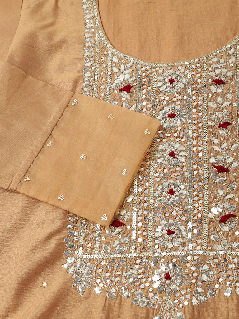 Women's Brown Embroidered Chanderi Kurta, Trouser With Dupatta