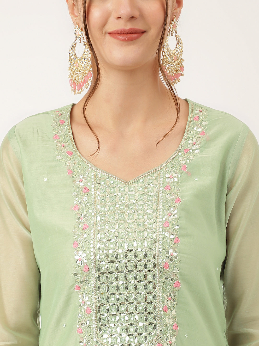 Women's Green Pink Embroidered Chanderi Kurta, Trouser With Dupatta - Taantav