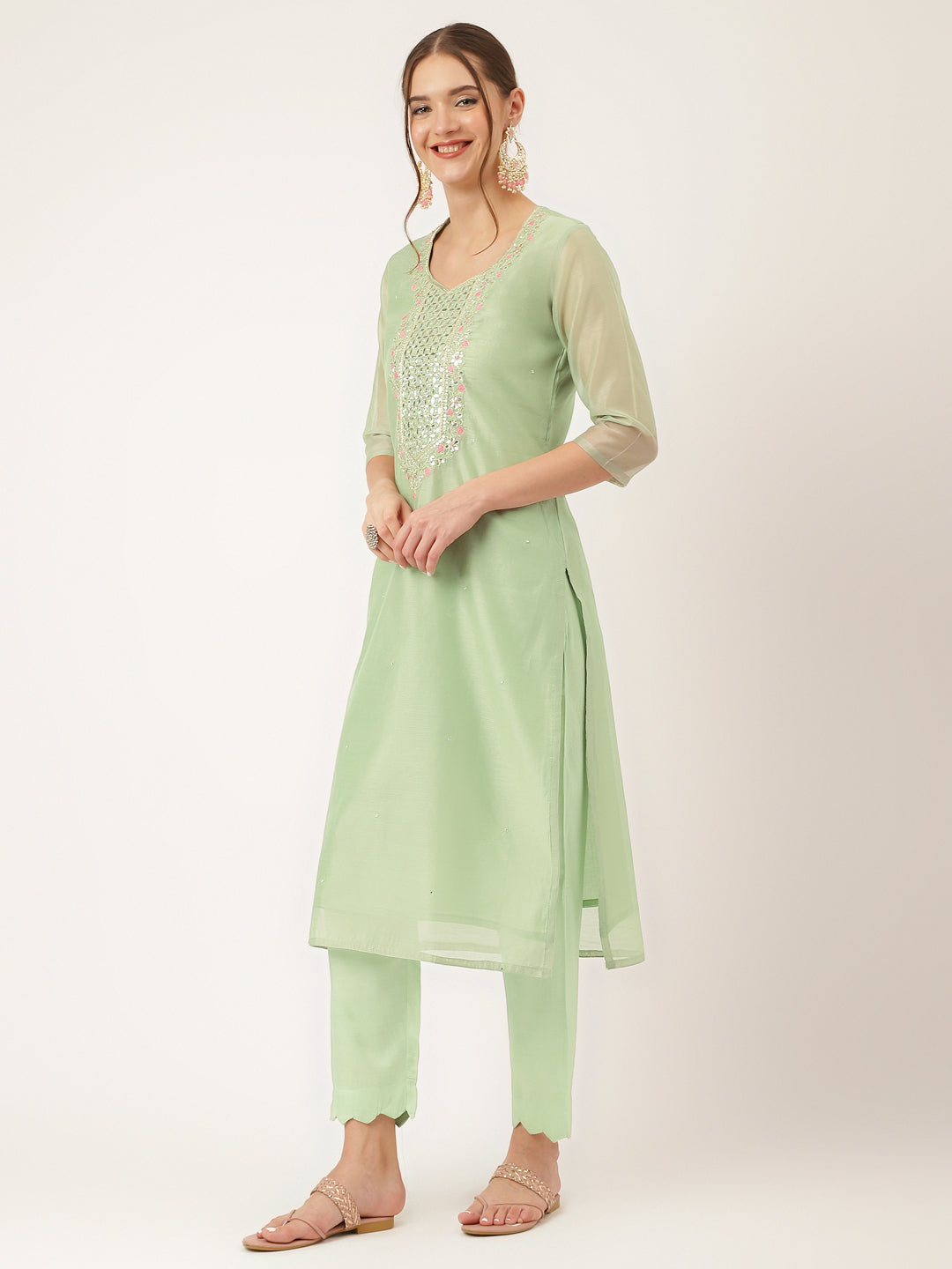 Women's Green Pink Embroidered Chanderi Kurta, Trouser With Dupatta - Taantav