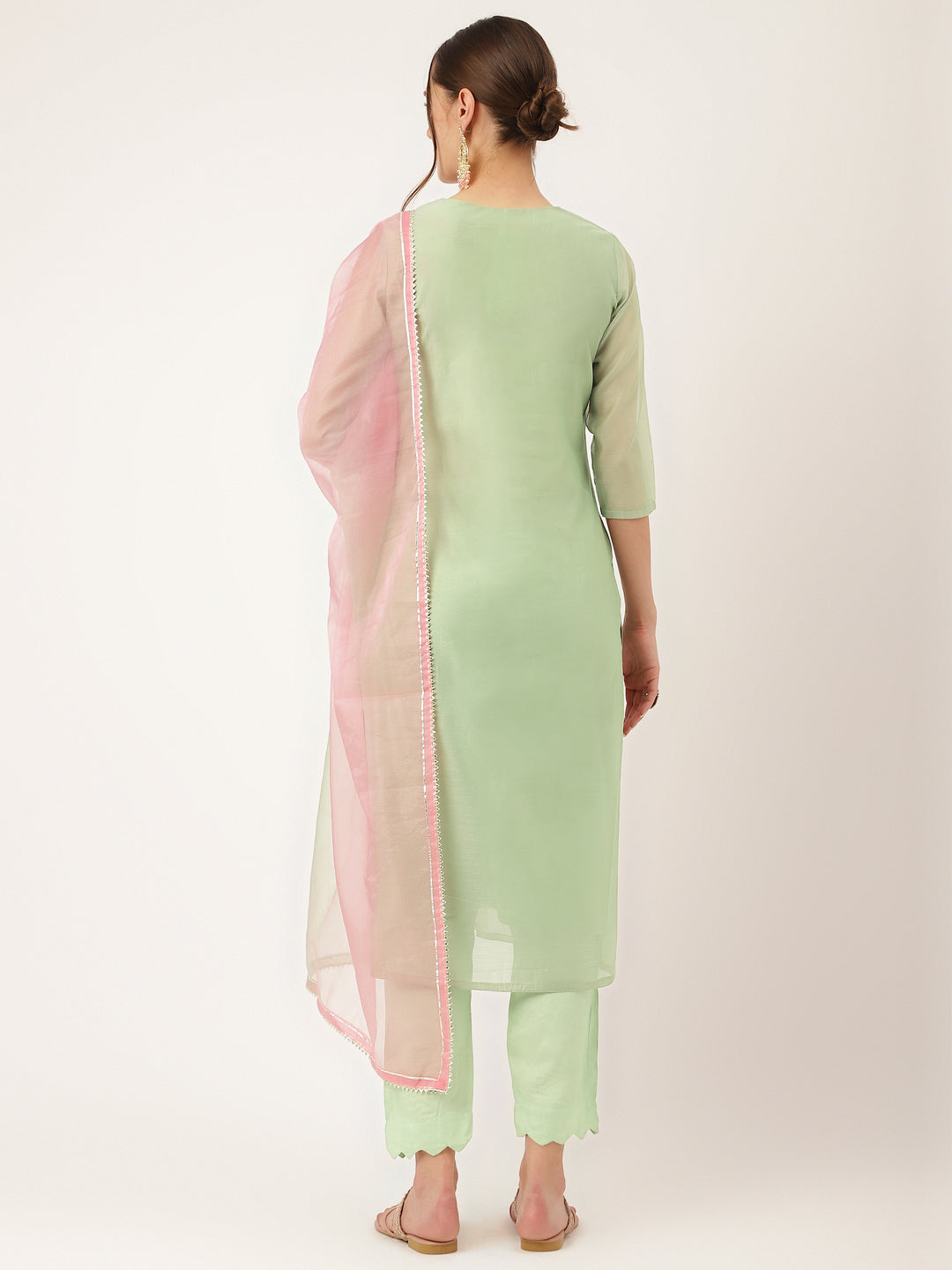 Women's Green Pink Embroidered Chanderi Kurta, Trouser With Dupatta - Taantav