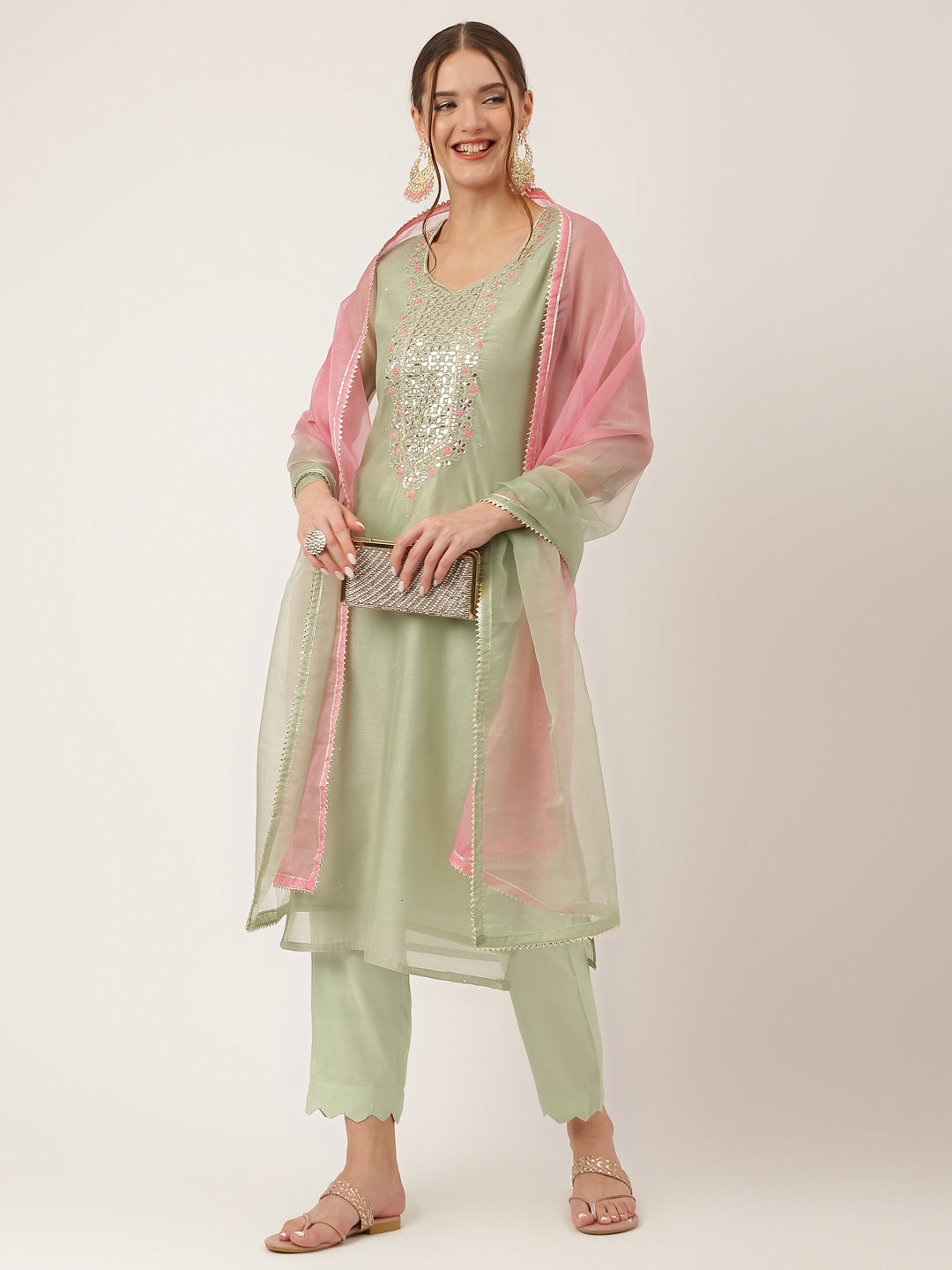 Women's Green Pink Embroidered Chanderi Kurta, Trouser With Dupatta - Taantav