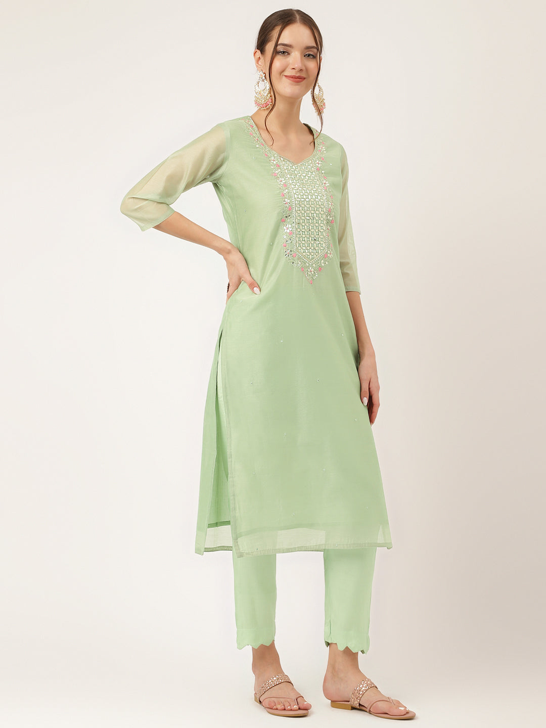 Women's Green Pink Embroidered Chanderi Kurta, Trouser With Dupatta - Taantav