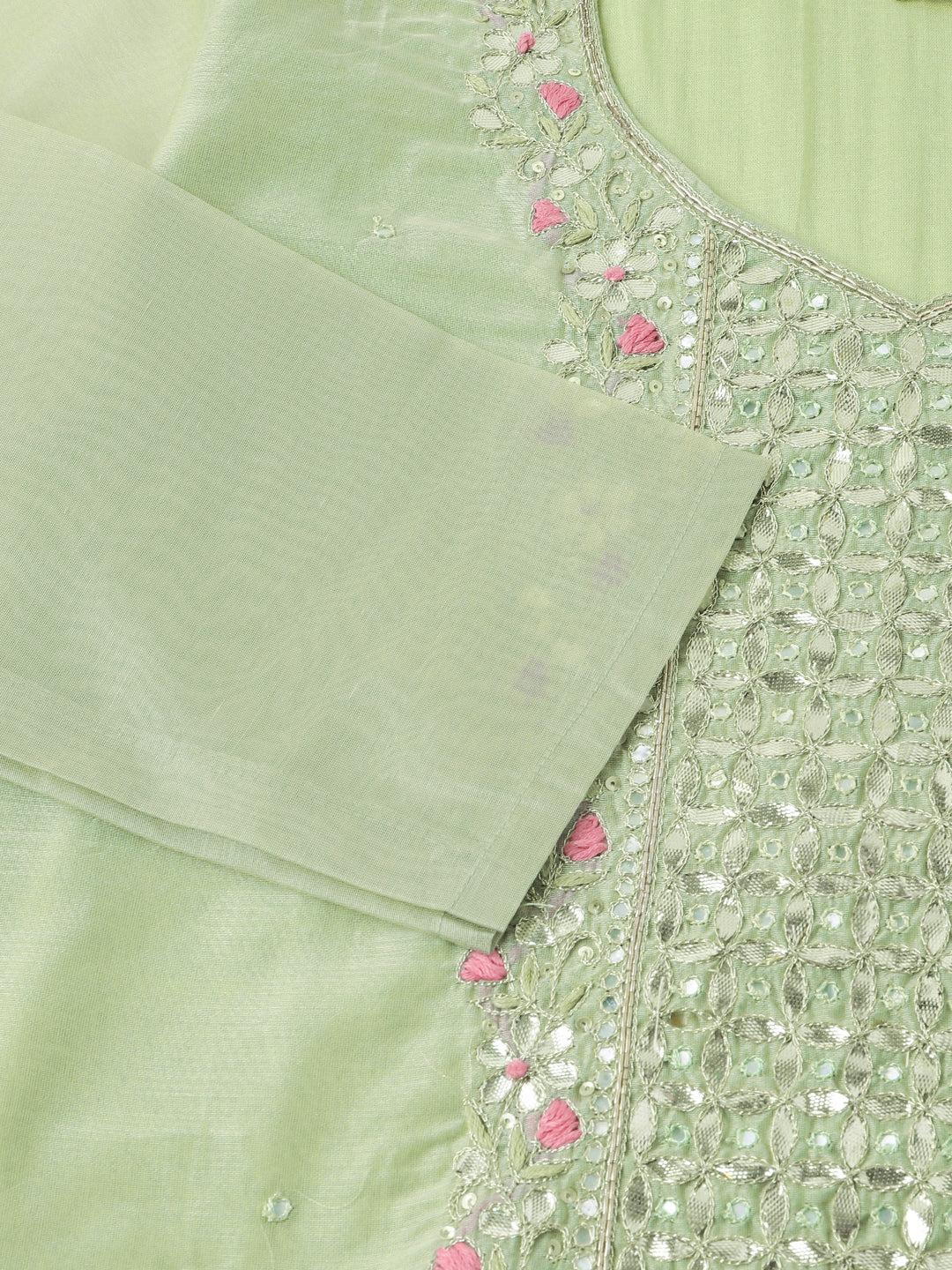 Women's Green Pink Embroidered Chanderi Kurta, Trouser With Dupatta - Taantav