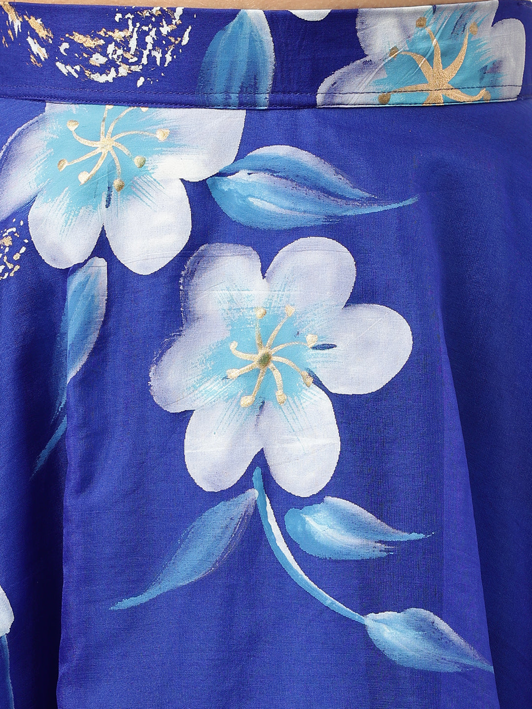 Women's Blue Floral Hand Painted Lehenga & Blouse With Dupatta - Taantav