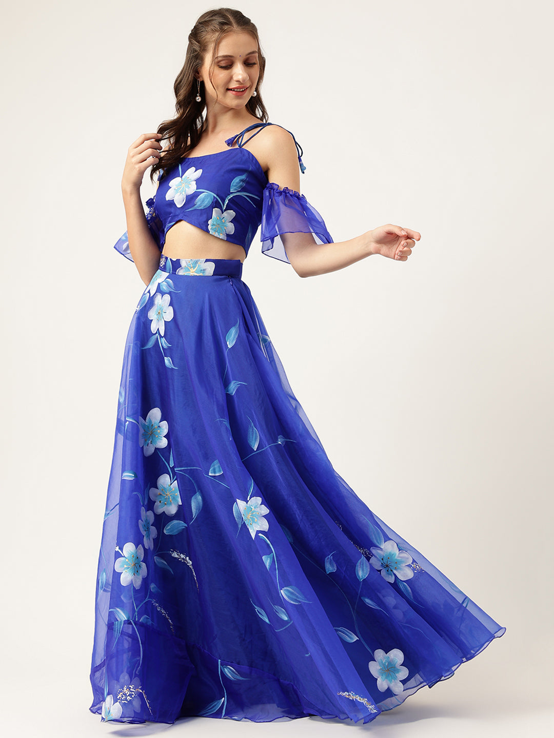 Women's Blue Floral Hand Painted Lehenga & Blouse With Dupatta - Taantav