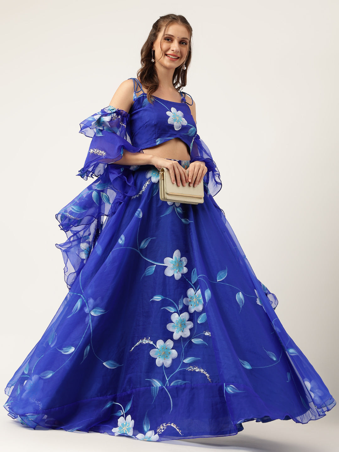 Women's Blue Floral Hand Painted Lehenga & Blouse With Dupatta - Taantav