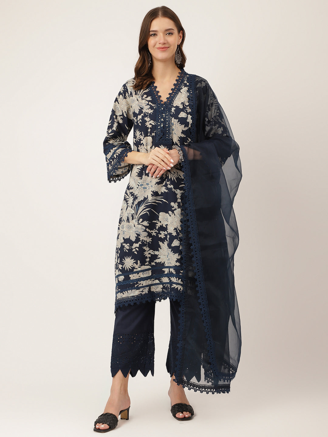 Women's Navy Blue Floral Print Cotton Kurta, Trouser With Dupatta - Taantav