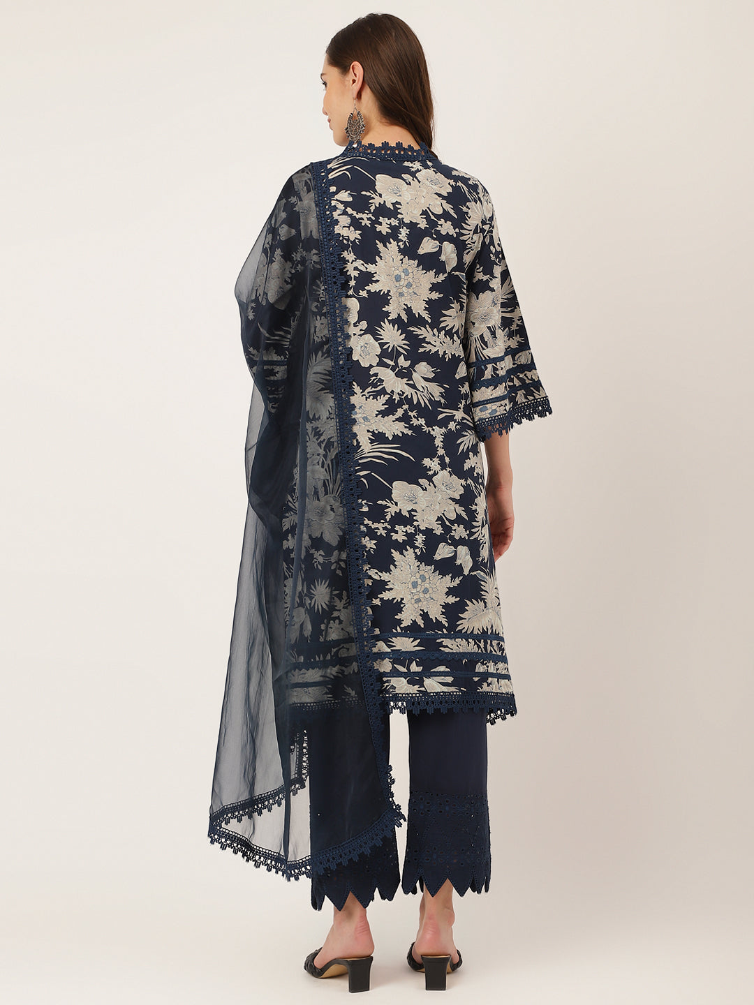 Women's Navy Blue Floral Print Cotton Kurta, Trouser With Dupatta - Taantav