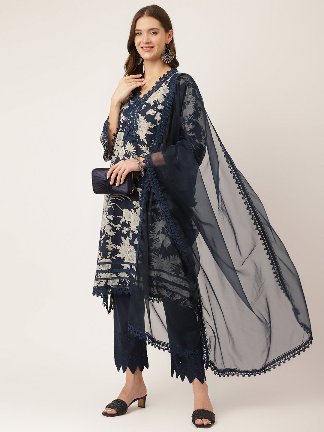 Women's Navy Blue Floral Print Cotton Kurta, Trouser With Dupatta - Taantav