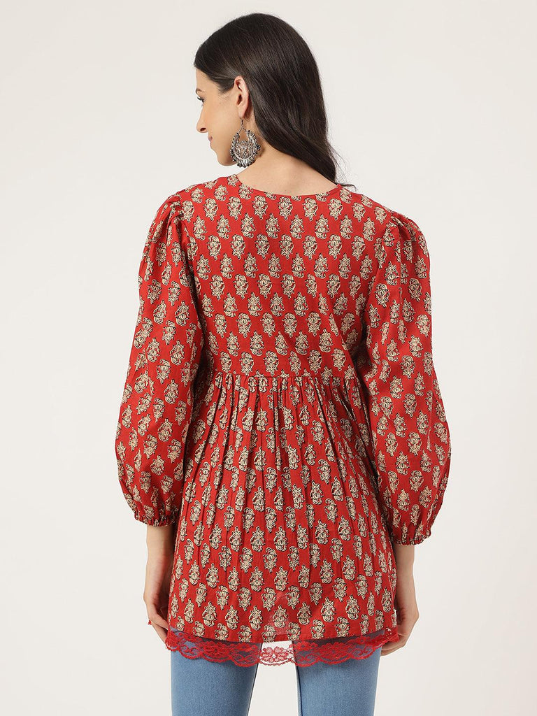 Women's Red Floral Cotton Peplum Style Top