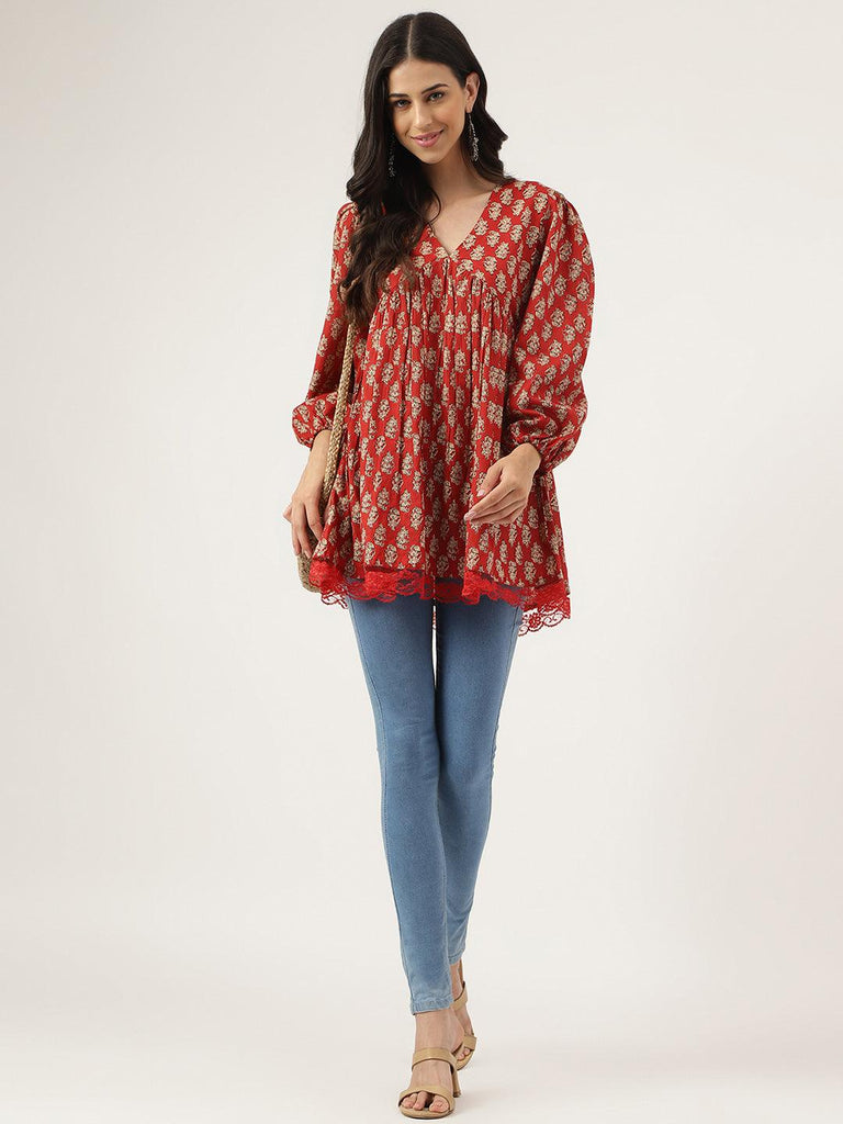 Women's Red Floral Cotton Peplum Style Top