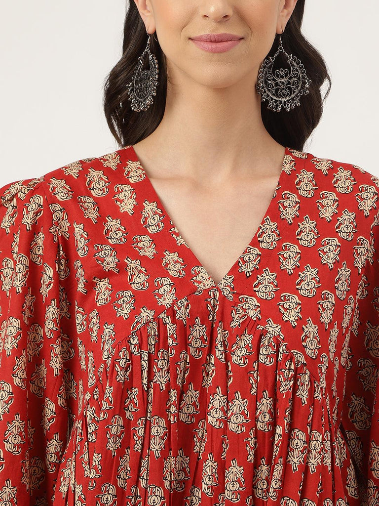 Women's Red Floral Cotton Peplum Style Top