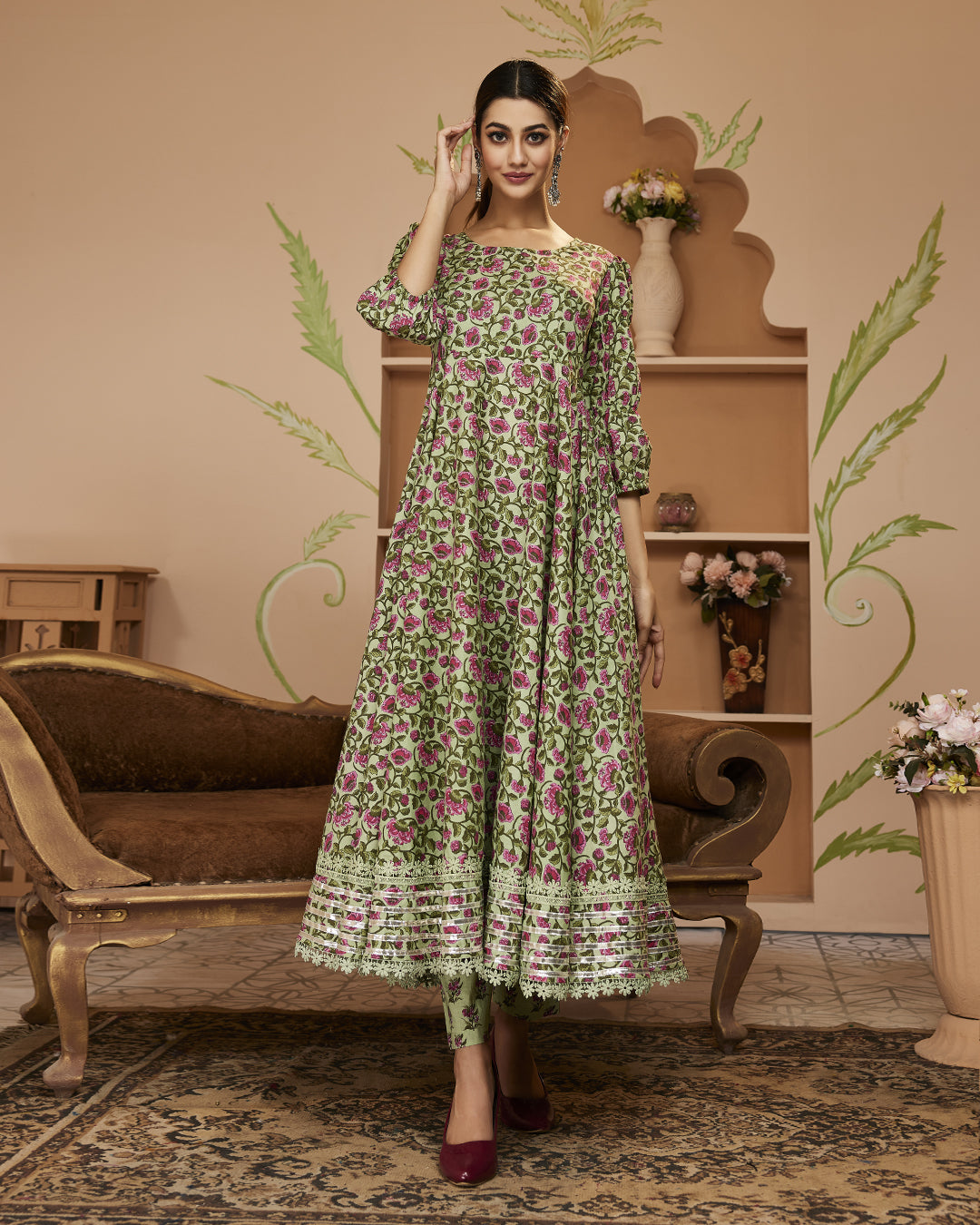 Women's Hand Block Floral Printed Green Anarkali Cotton Kurta With Trousers - Taantav