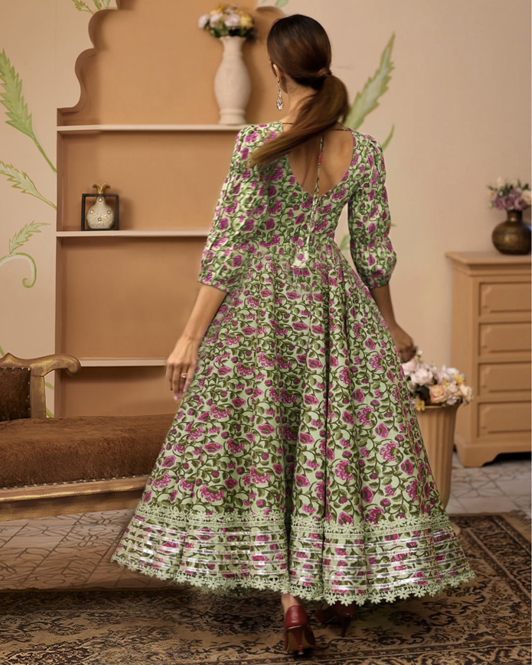 Women's Hand Block Floral Printed Green Anarkali Cotton Kurta With Trousers - Taantav