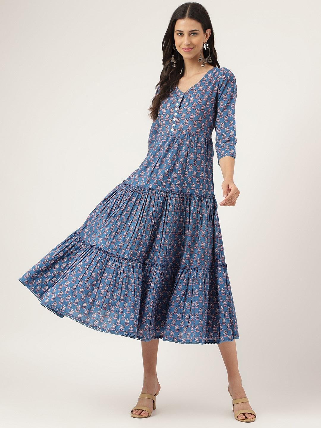 Women's Blue Floral Printed Long dress - Taantav