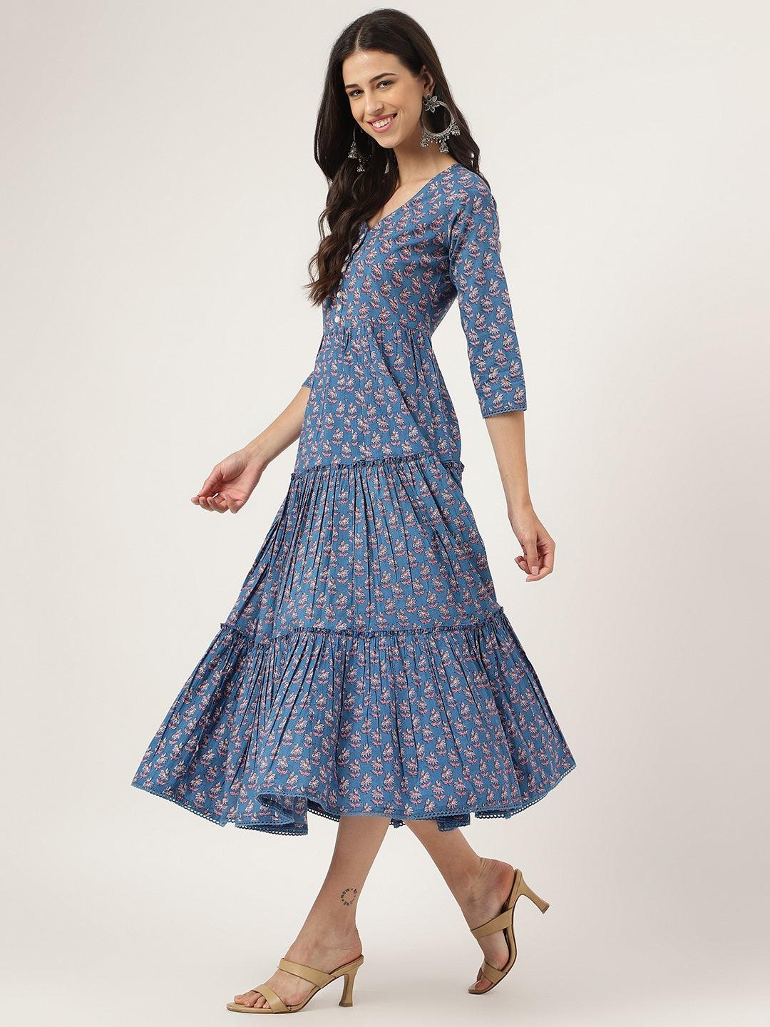 Women's Blue Floral Printed Long dress - Taantav