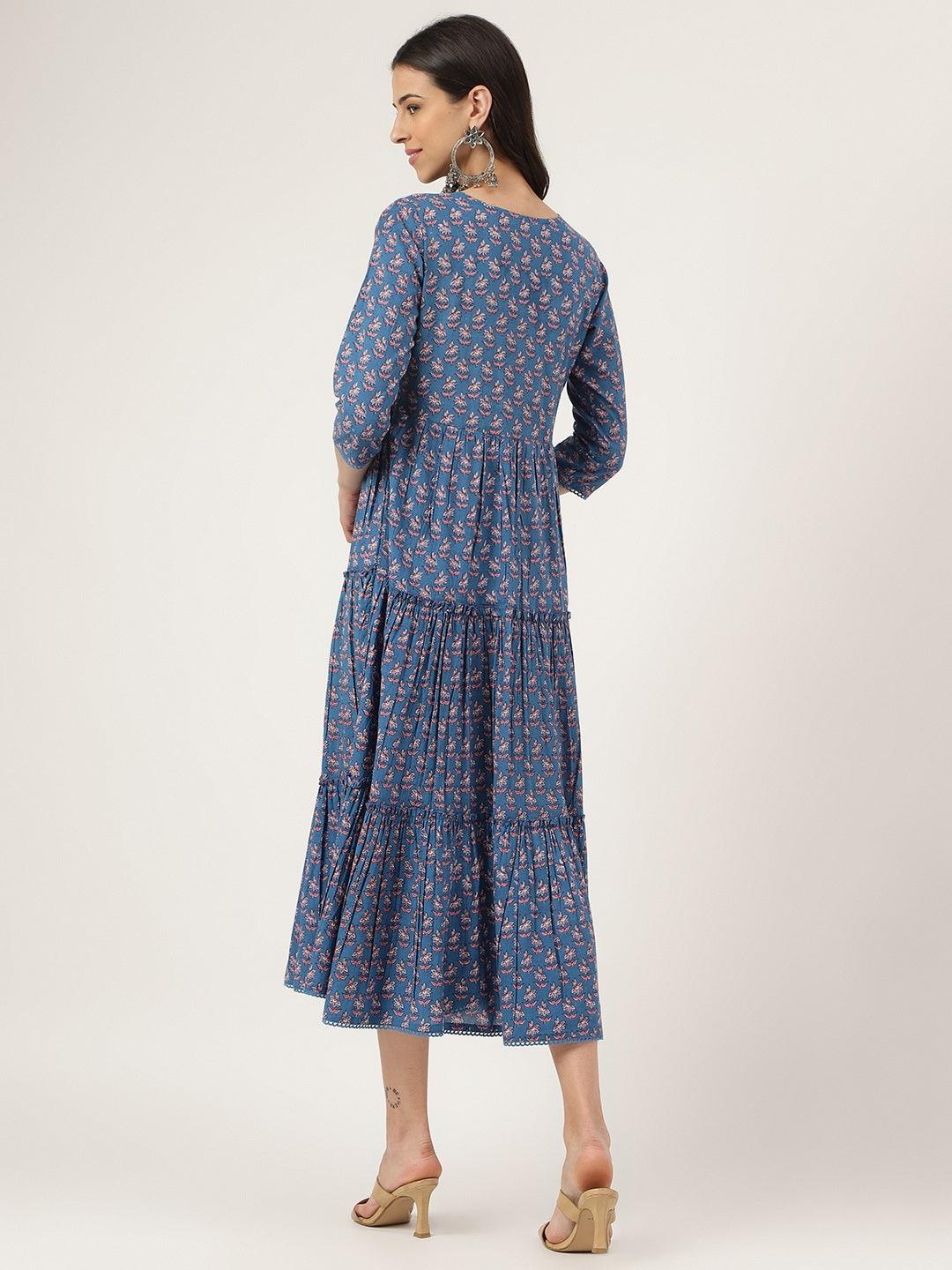 Women's Blue Floral Printed Long dress - Taantav