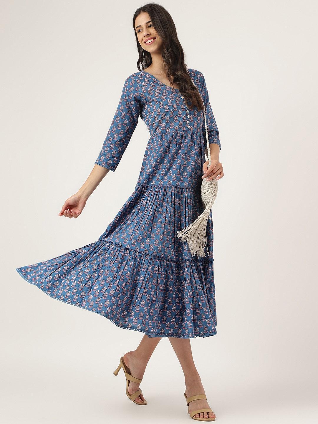 Women's Blue Floral Printed Long dress - Taantav