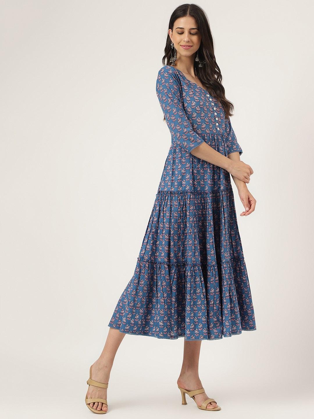 Women's Blue Floral Printed Long dress - Taantav