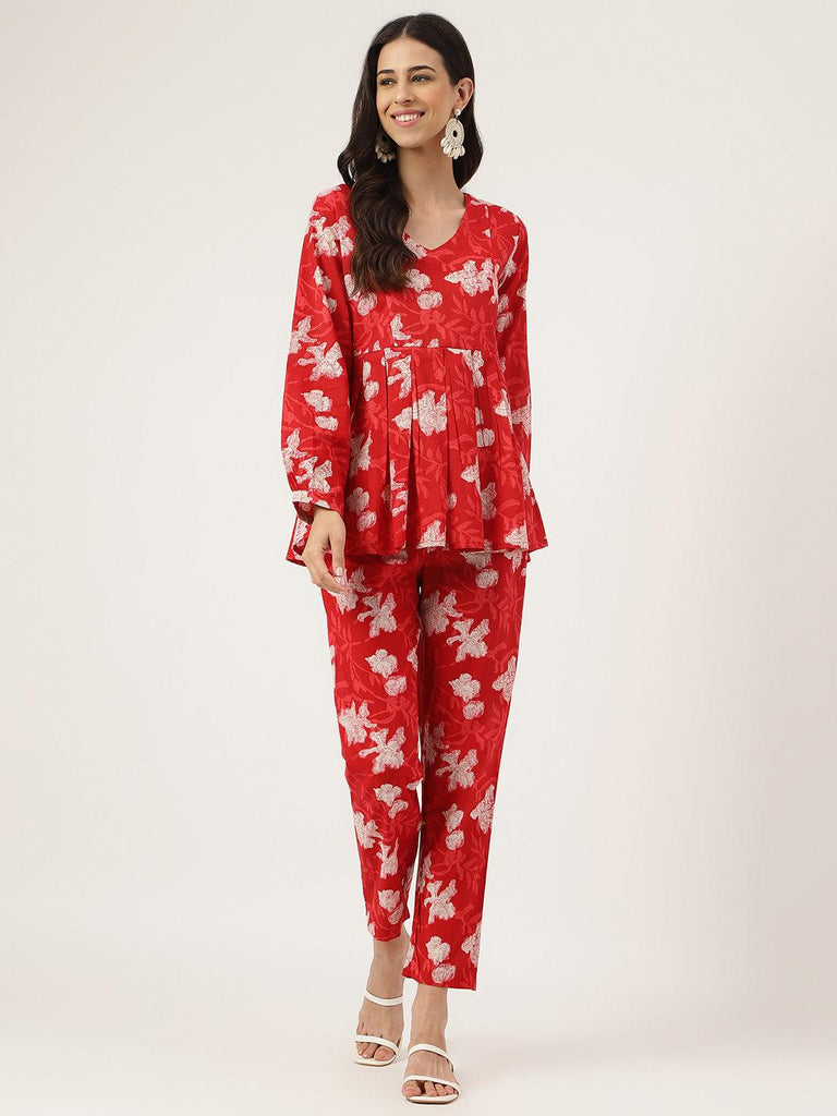 Women's Red Cotton Peplum Top Pant Co-ords Sets