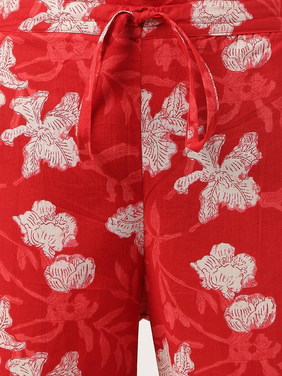 Women's Red Cotton Peplum Top Pant Co-ords Sets - Taantav