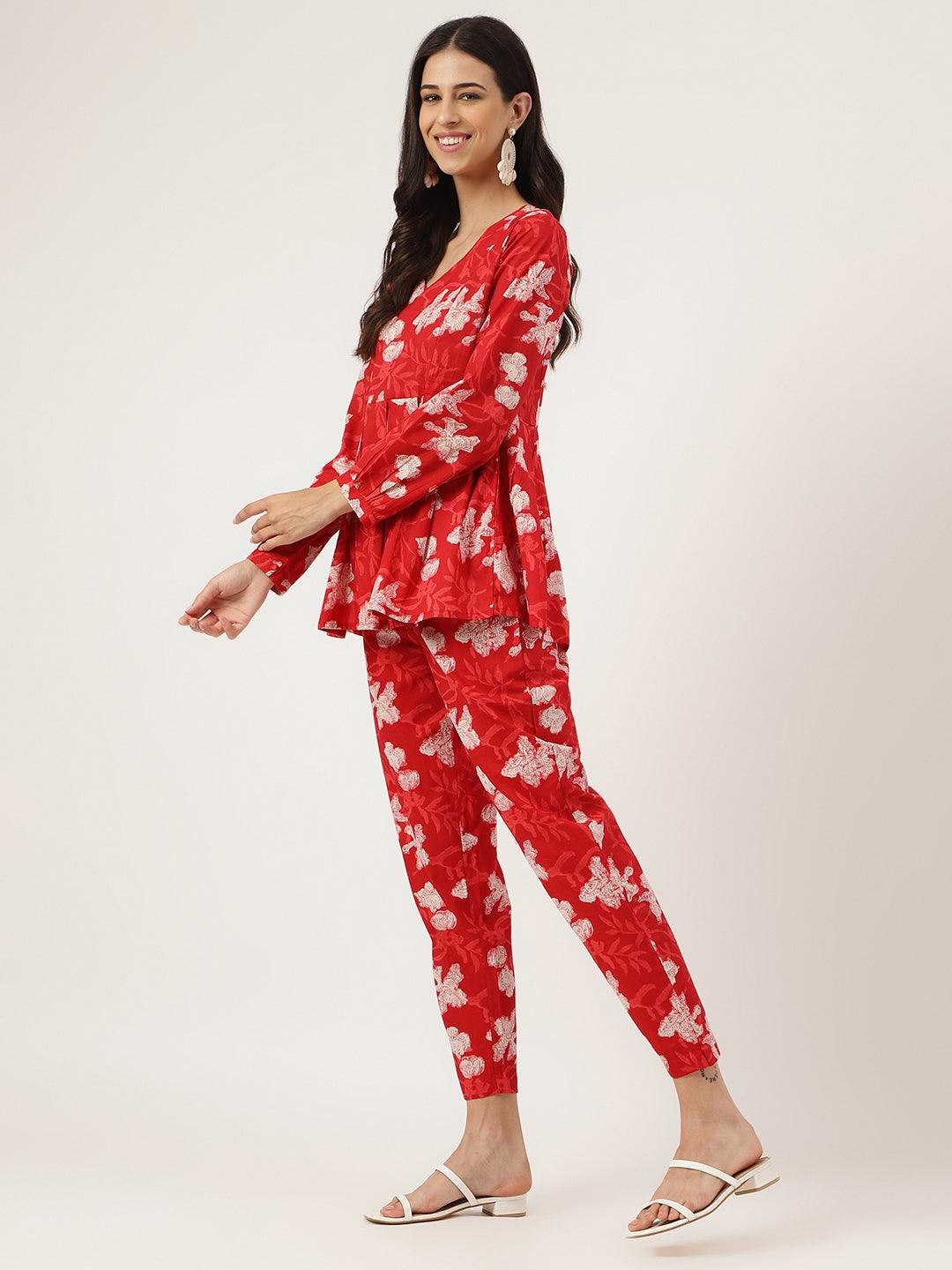 Women's Red Cotton Peplum Top Pant Co-ords Sets - Taantav