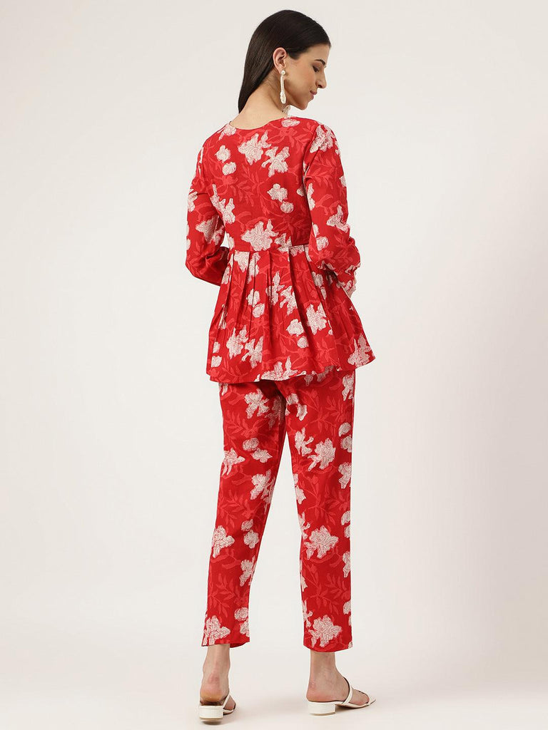 Women's Red Cotton Peplum Top Pant Co-ords Sets
