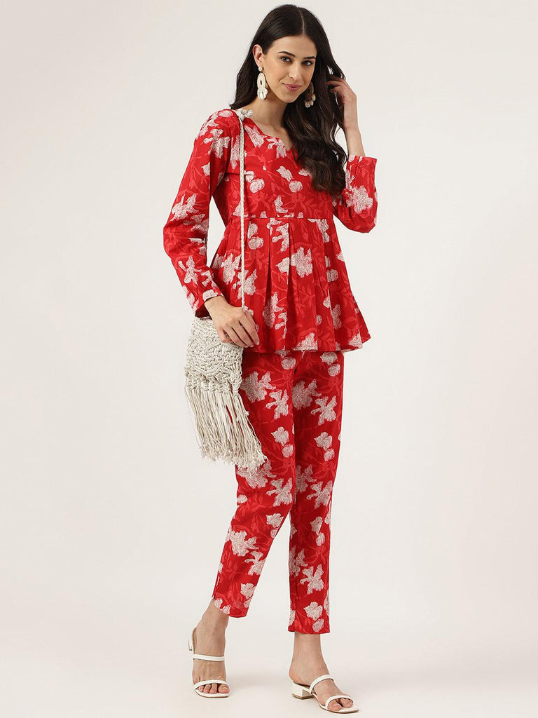 Women's Red Cotton Peplum Top Pant Co-ords Sets