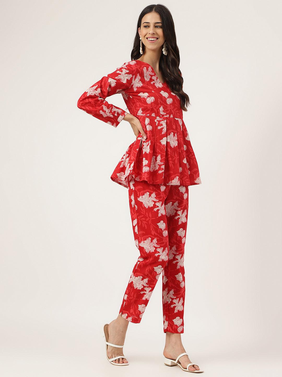 Women's Red Cotton Peplum Top Pant Co-ords Sets - Taantav