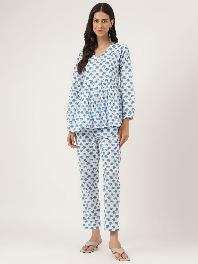 Women's White Animal Printed Cotton Peplum Top Pant Co-ords Sets