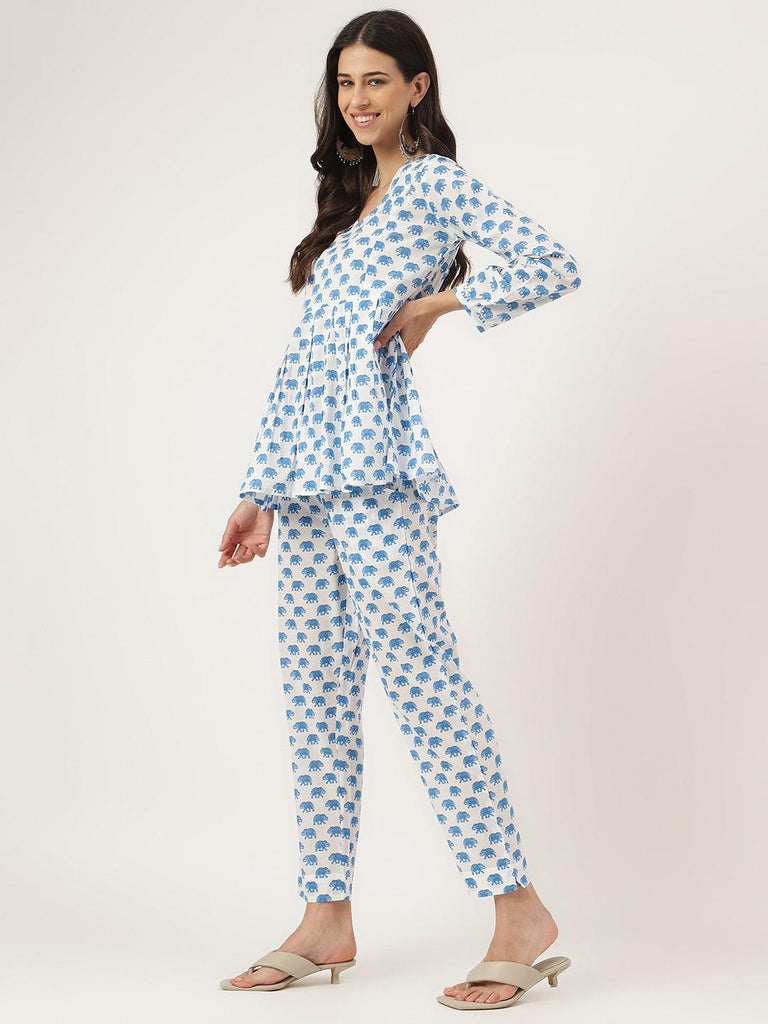 Women's White Animal Printed Cotton Peplum Top Pant Co-ords Sets