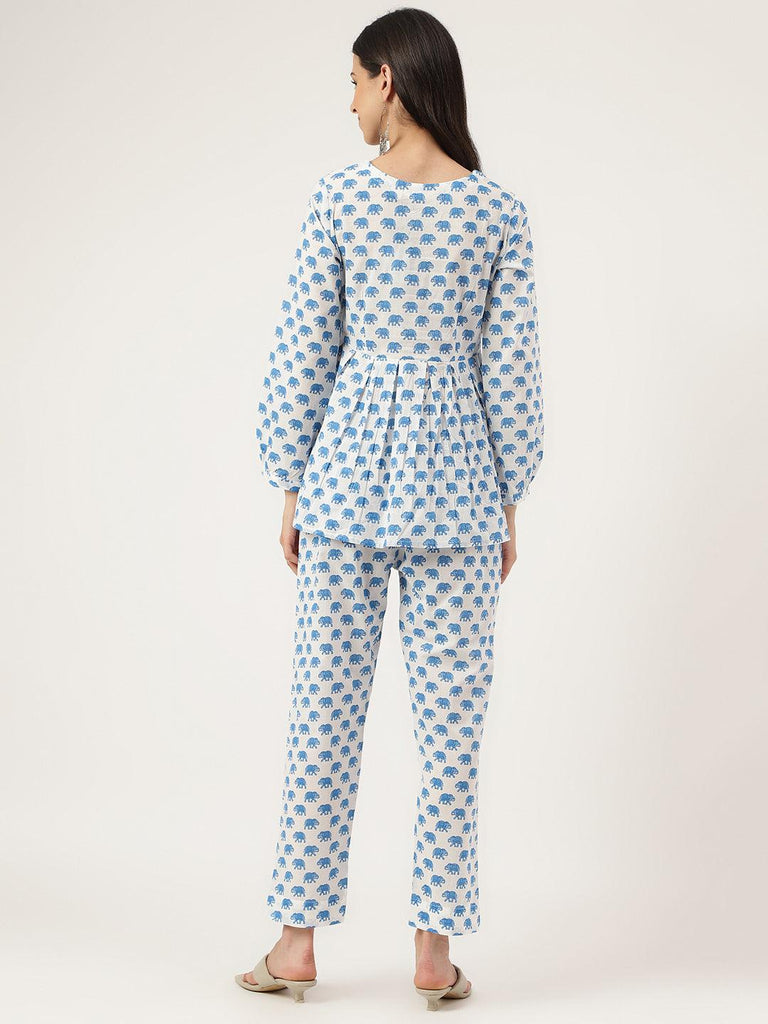 Women's White Animal Printed Cotton Peplum Top Pant Co-ords Sets