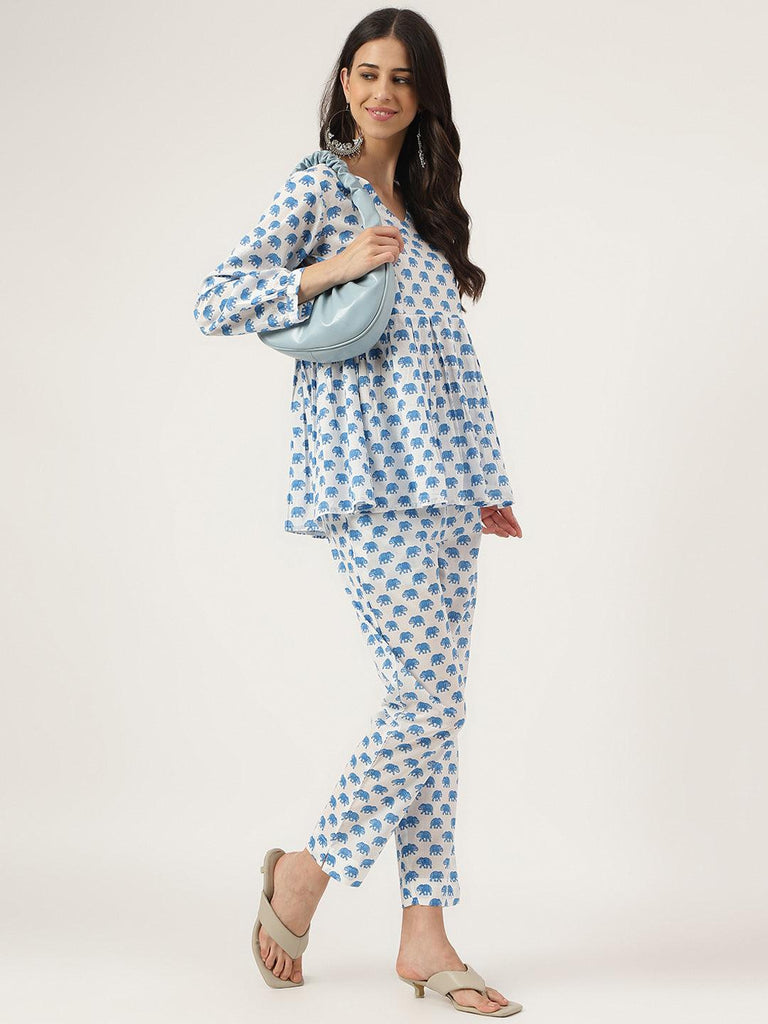 Women's White Animal Printed Cotton Peplum Top Pant Co-ords Sets