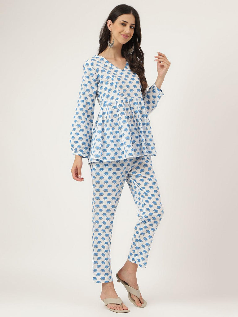 Women's White Animal Printed Cotton Peplum Top Pant Co-ords Sets
