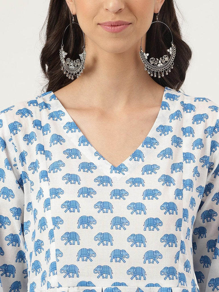 Women's White Animal Printed Cotton Peplum Top Pant Co-ords Sets