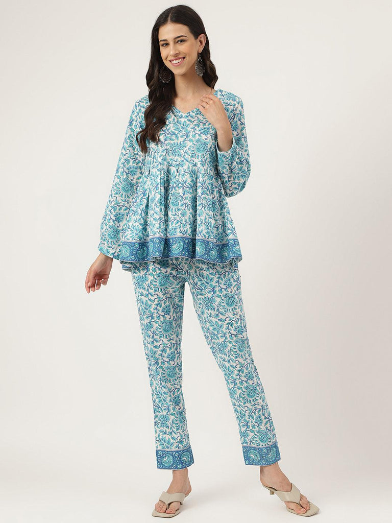 Women's White Floral Printed Cotton Peplum Top Pant Co-ords Sets