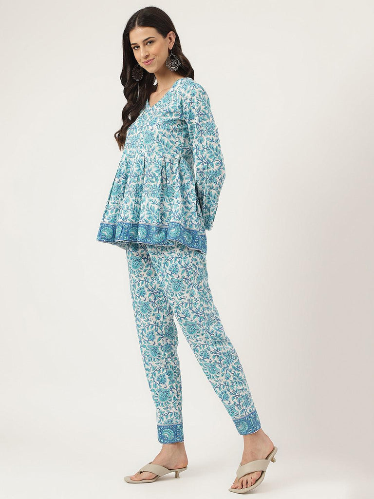 Women's White Floral Printed Cotton Peplum Top Pant Co-ords Sets